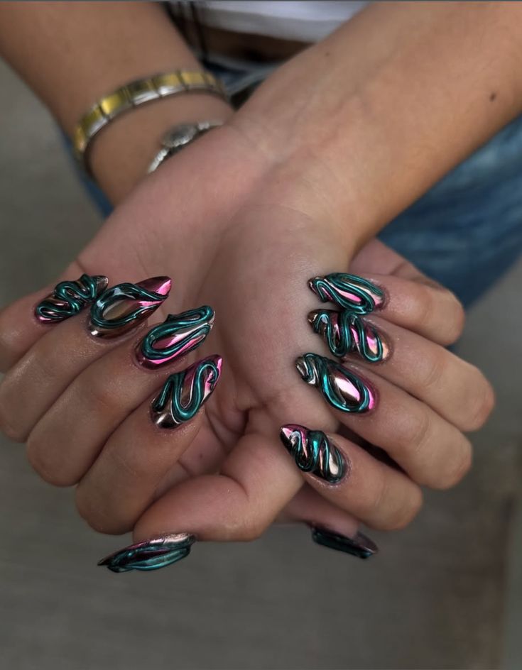 3D abstract nail art with muted tones